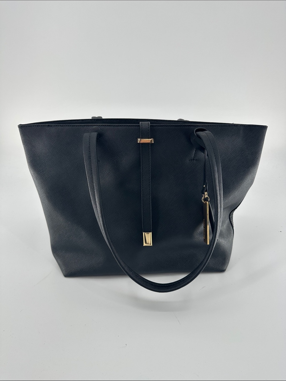Black Leather Tote Bag with Gold Accents - Women's Shoulder Bag